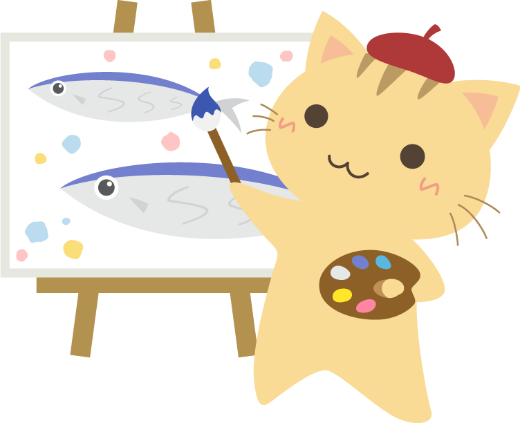魚の絵を書いている三毛猫のイラスト