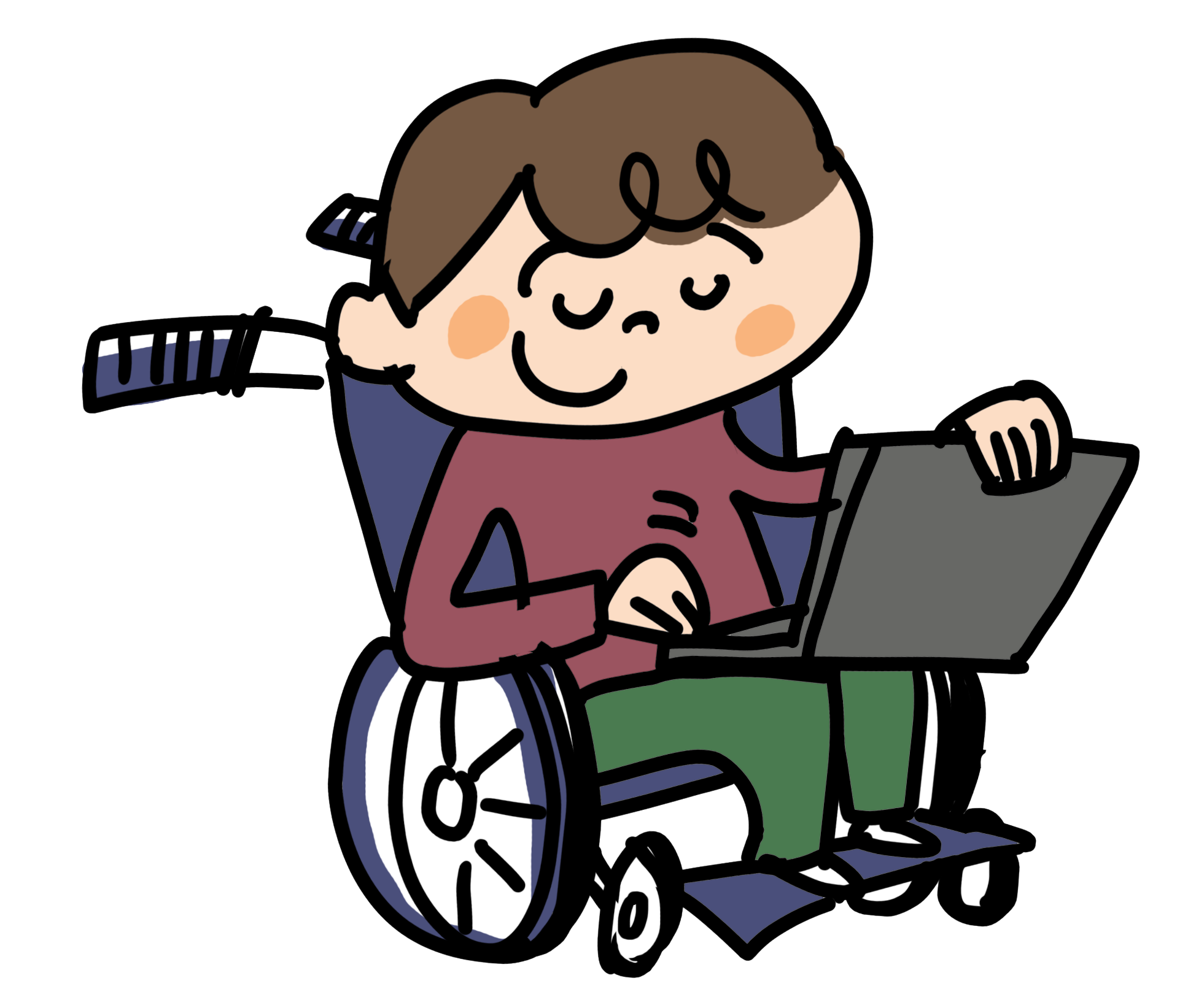 車椅子に腰かけて、片手で膝の上に置いたノートパソコンを操作する人のイラスト